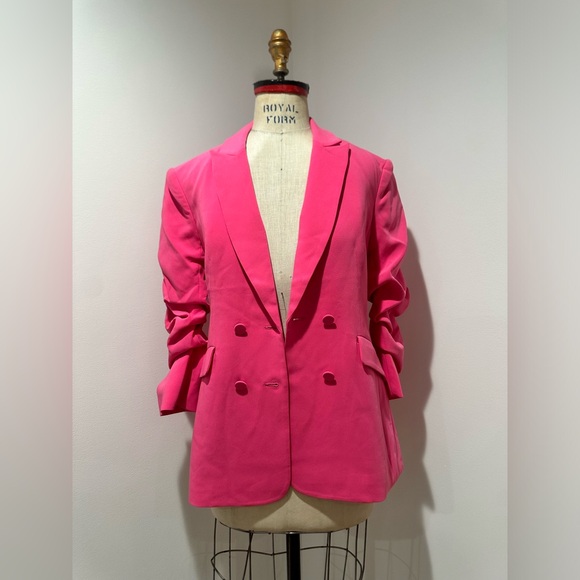 NWT Cinq à Sept Kris Crepe Blazer Jacket Ruched Sleeves Sz 0 pink azalea - Picture 5 of 14
